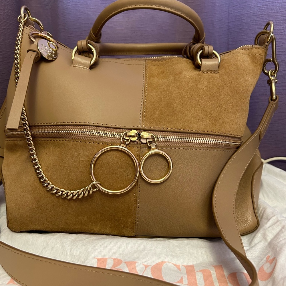 See By Chloé Two-Tone Tan Leather & Suede Shoulder Bag with Gold Hardware